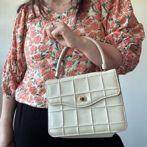 Floral Puff Sleeve Blouse and Cream Handbag